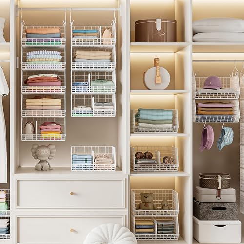 Jautokerdar 6 Tier Extra Large Hanging Closet Organizer, Closet Storage Hanging with Dividers, Wire Closet Shelf with 5 S Hooks 4 Dividers,Sweater Handbag Hat Accessory Storage Hanger,White - Image 7