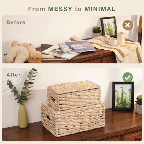 Set of 2 White Wicker Baskets with Lid - Image 5