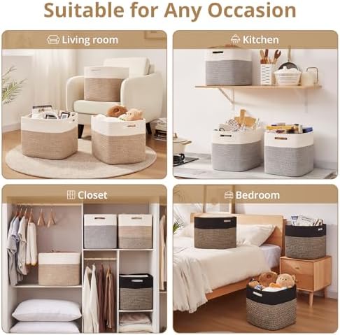 OIAHOMY 13 Inch Cube Storage Bins, 3-Pack Cotton Rope Woven Baskets for Organizing, Insert Storage Baskets for Shelves, Baby Nursery, Closet Organizer, 15 * 13 * 12.6IN, Brown & White - Image 6