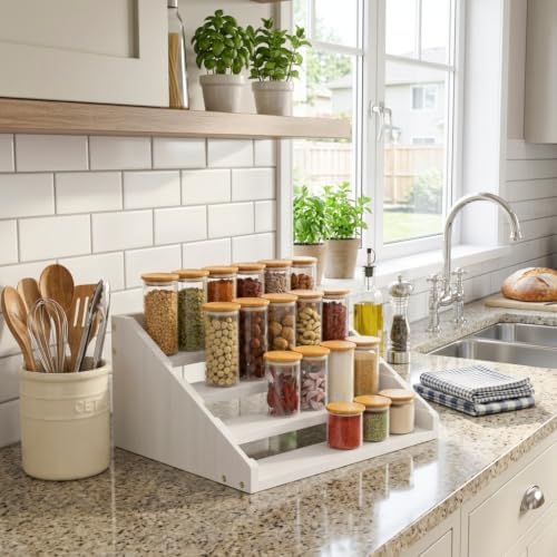 Solid Wood Spice Rack Organizer for Countertop & Cabinet, 4 Tier Adjustable Wooden Spice Shelf with Sliding Track, Premium Step Seasoning Bottle Holder for Kitchen, Cupboard, Pantry & Office, White - Image 2