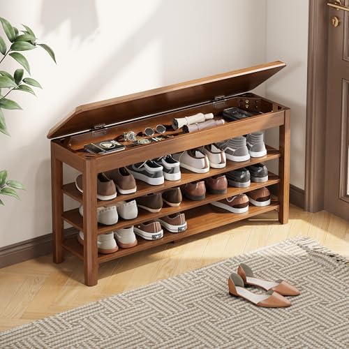 IUNVR Shoe Rack Bench Seat Rubberwood 3-Tier Wooden Storage Bench 550lbs Compact Mid-Century Modern Design for Entryway, Hallway, Closet, Front Door Entrance, Foyer by IUNVR