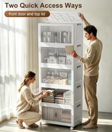 Hanyi 415 QT 5-Tier Stackable Storage Bins with Lids, Clear Doors, 4 Wheels - Image 6