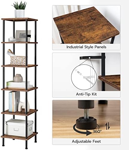 HOOBRO 6-Tier Corner Shelf, Corner Square Rack Display Shelf, Tall Storage Rack Plant Stand, Bookcase for Small Spaces, Living Room, Home Office, Kitchen, Rustic Brown and Black BF55CJ01 - Image 6