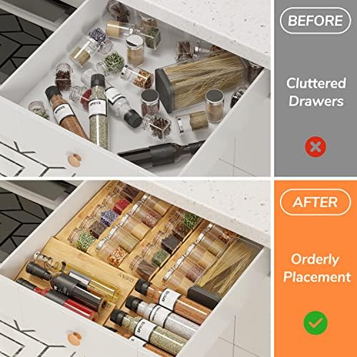 AMBIRD Bamboo Spice Drawer Organizer with Non-slip Mat,4 Tier - 2 Set Jar Spice Rack Tray From 12''to 24'',Hold up 48 Jars Seasoning Organizer for Kitchen,Cabinet,Drawers,Countertop - Image 6