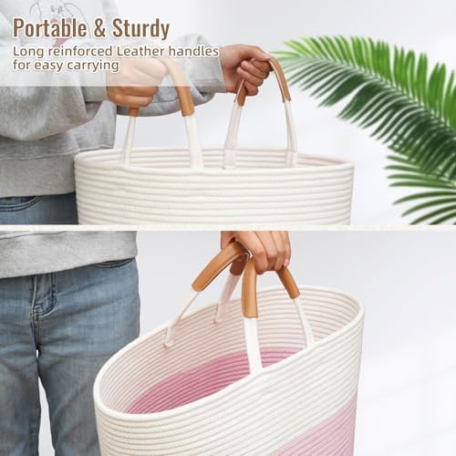 Large Laundry Basket, Laundry Hamper with Leather Handles, 90L Woven Dirty Clothes Hamper, Rope Hampers for Bedroom, Barthroom, Pink - Image 7