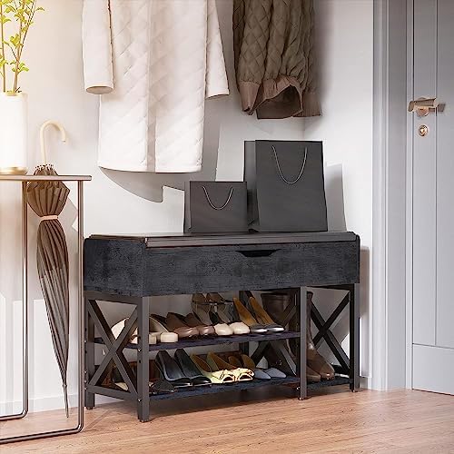 Shoe Bench, Lift Top Shoe Storage Bench, Adjustable Shelf Entryway Bench with Padded Cushion for Entry, Closet, Living Room, Hallway, 2-Tier Shoe Rack Organizer(Black, 35.5“W) - Image 6