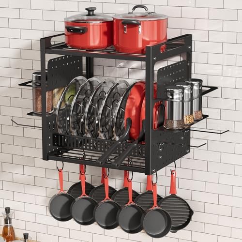 Wall Mounted 16" Pot Rack，2 Tier Kitchen Pots & Pan Organizer with 10 Hooks by FREEXPLOYER