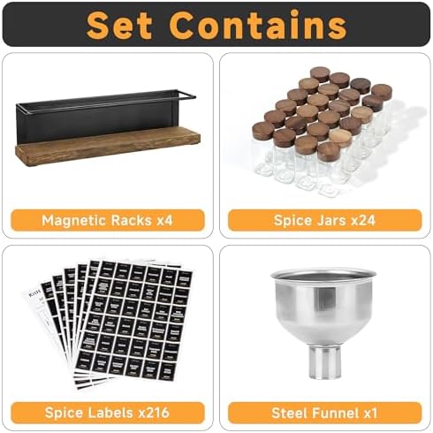 Wooden Lid Magnetic Spice Rack with 24 Jars, 216 Labels, 1 Steel Funnel for Refrigerator，Microwave Oven - Full Set of Spice Organizer - Image 2