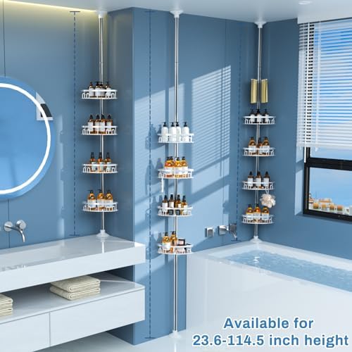 Rustproof Shower Corner Caddy Shelf for Bathroom Tension Pole Organizer with 4 Baskets for Bathtub Shampoo Storage from 23.6 to 114.5 Inch with Towel Bar (Silver) - Image 2