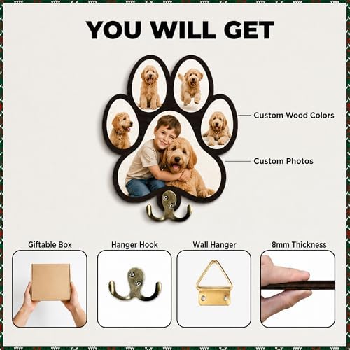 Personalized Paw Print Leash Holder for Wall Mount, Custom Wooden Dog Key Holder with Custom Photo, Pet Collar and Harness Organizer for Entryway, Key Hook Gift for Pet Lovers & Dog Owners, Home Décor - Image 4