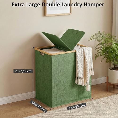 efluky Double Laundry Hamper with Lid and 2 Removable Bags, Sage Green - Image 3
