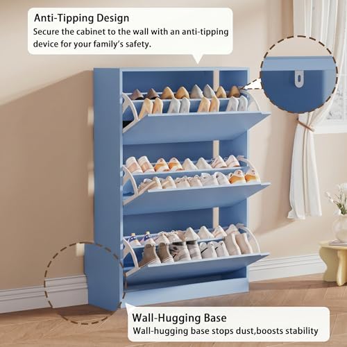 Shoe Storage Cabinet, Wood Shoe Organizer for Entryway with 3 Flip Drawers, Freestanding Shoe Rack with Adjustable Shelf, Narrow Shoe Dresser for Front Door Entrance (Blue, Standard 3 Drawers) - Image 6