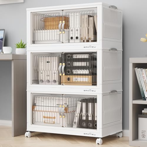 BROVIEW 180Qt Stackable Storage Bins with Lid, Extra Large Closet Organizer Collapsible Drawer Boxes with Wheels, Folding Plastic Cabinet Containers for Home Kitchen Room Organization, 3Pack White by BROVIEW-EnjoytheArtofLife