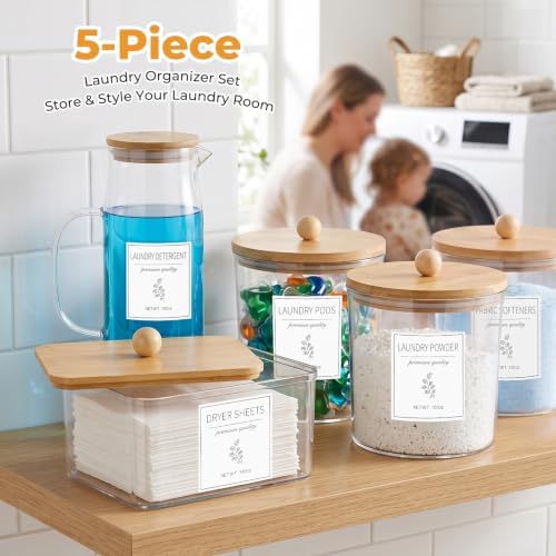 Acrylic Laundry Pod Containers and Dryer Sheet Holder & Glass Laundry Detergent Dispenser with Handle, Labels, and Spoons, for Laundry Room Organization and Storage (5 Pack, Wood Brown) - Image 6