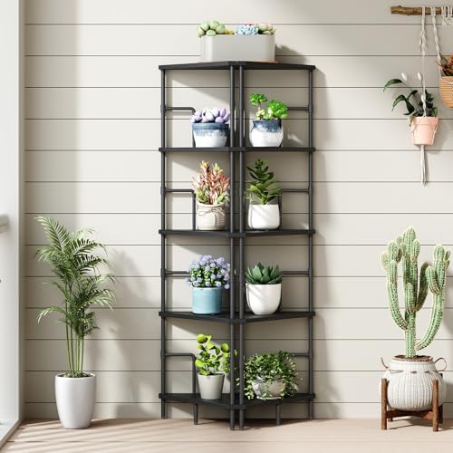 MAHANCRIS 5-Tier Corner Shelf, 52.8" Tall Corner Bookshelf with Metal Frame, Narrow Display Shelf Stand, Industrial Corner Bookcase for Living Room, Bedroom, Home Office, Black CSBK5501 - Image 5