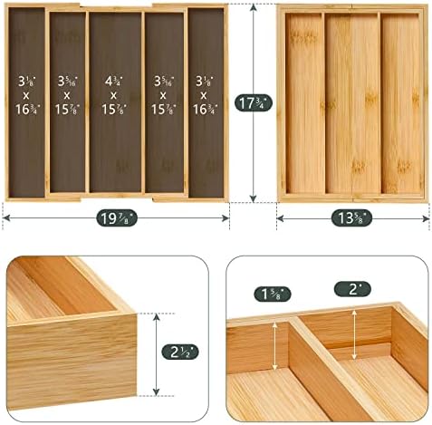 Bamboo Utensil Organizer Cutlery Organizer - Expandable 5 Slots Multipurpose Kitchen Drawer Organizer for Large Cooking Utensils, Baking Tools, Knife Set W13.7"-19.9" x L17.6" X H2.5"(Yellow) - Image 2