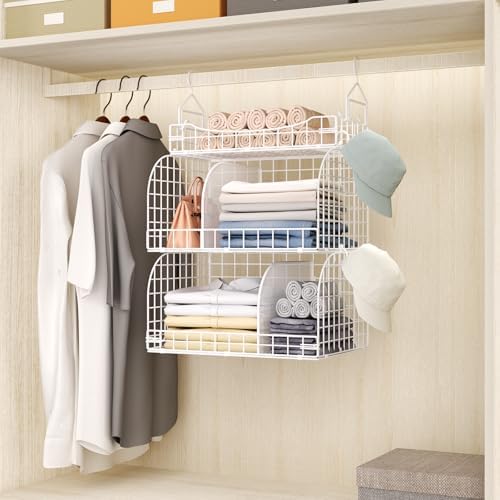 HapiRm Hanging Closet Organizer Storage - 3 Tier Metal Stackable Hanging Closet Shelves with Dividers and S Hooks, Foldable Clothes Shelves for Clothes, Pants, Shoes, Coat, Hats Clutches Accessories - Image 4