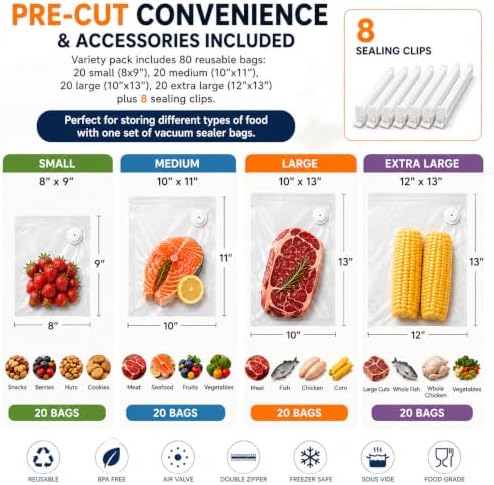 80 Pcs Vacuum Sealer Bags for Food, Reusable BPA-Free Food Storage Bags for Freezer Sous Vide Microwave Heating, Air Valve Zipper Bags (20S+20 M+20 L+20 XL) - Image 2