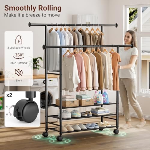 SLEEPING LAMB 44" Double Rods Clothes Rack for Hanging Clothes, Sturdy Wardrobe Clothing Rack with 3 Tier Shelves, Portable Rolling Garment Rack With Wheels for Bedroom, Laundry Living Room, Black - Image 5