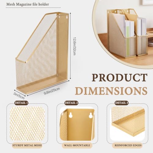 Sliner 4 Pack Gold Metal Magazine Holder Mesh Steel Document Rack 1 Section File Organizer Extra Wide Magazine Folder Storage Desk Tidy for Office Home, 12.6"x 9.8"x 3" - Image 2
