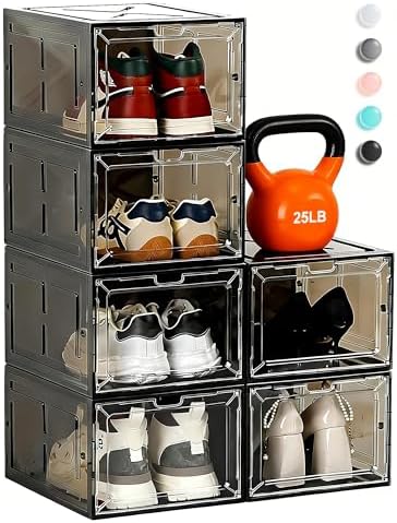 6 Pack Large Drop-Front Black Transparent Shoe Boxes, Stackable Sneaker Storage Container for Closet, Fits US Size 13+, Magnetic Front Door, Heavy-Duty Reinforced Plastic Shoe Organizer by Fraphil