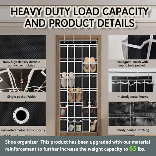 Kotkn 10-Tier Over the Door Shoe Organizer, 20 Pockets Holds 20-30 Pairs, Heavy-Duty Oxford Fabric with Hexagon Mesh for Boots & Sneakers-Black - Image 3