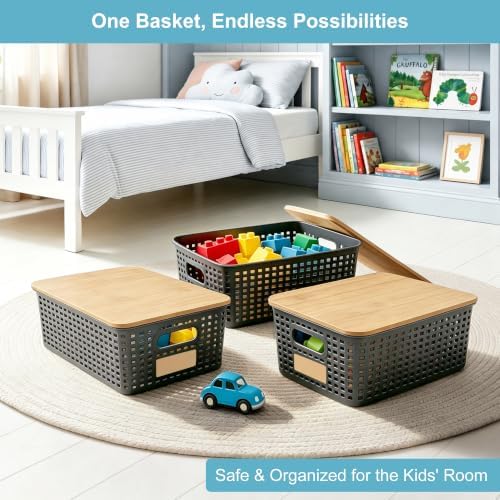 Bagnizer Small Plastic Storage Bins with Bamboo Lids 5.2qt Stackable Box Basket Pantry Decorative Containers Cute with Lable for Organizing Desktop Closet Office Gray of 6 packs 10 * 7.2 * 4.1" - Image 4