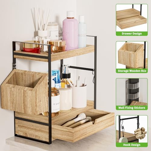 2-Tier Bathroom Counter Organizer, Wooden Vanity Shelf with Drawer & Basket - Image 4