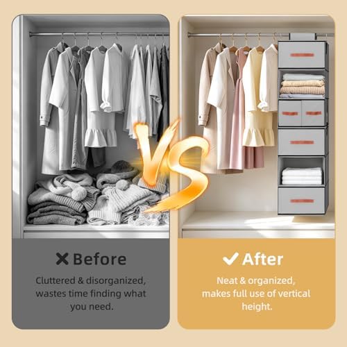 Hanging Closet Organizer 6-Shelf, Upgrade Closet Organizers and Storage with 5 Removable Drawers & 4 Side Pockets, Hanging Shelf Organizer for Bedroom or Garment Rack, 12.6'' x 12.6'' x 44.1'', Gray - Image 7
