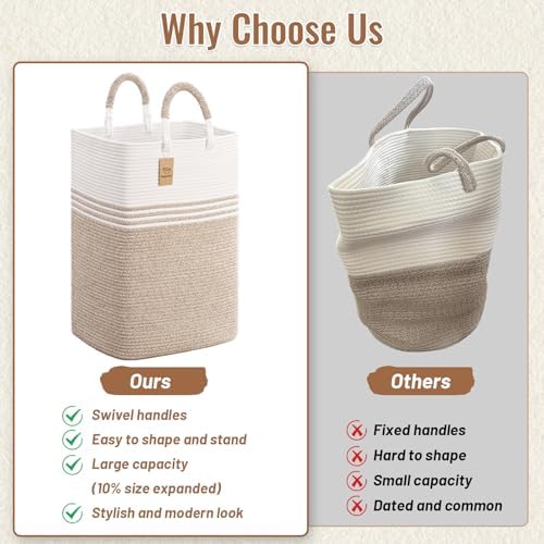 Laundry Basket Hamper,Blanket Storage,Dirty Clothes Hamper with Swivel Handles,Woven Cotton Rope Toy Baskets,Blanket Basket Living Room,Decorative Hampers for Nursery,Bedroom,White & Linen,80L - Image 4