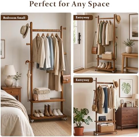 Taitiy Coat Rack Freestanding Solid Wood Clothes Rack with Wheels - Image 5