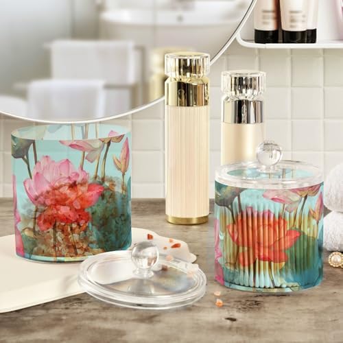 Teal Pink Lotus Flower Qtip Holder Waterproof Dustproof Apothecary Jars with Lids For Bathroom Cotton Swabs Makeup Sponges Floss Picks Bath Salts 2 Pack - Image 4
