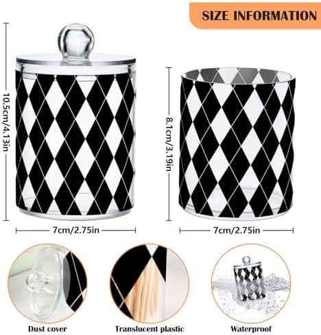 Black White Harlequin Pattern Qtip Holder Apothecary Jars Bathroom Storage Floss Makeup Organizer for Cotton Ball Swab Acrylic 4 Packs - Image 3