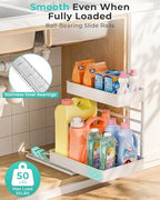 EVERIE Height Adjustable 2 Tier Metal Pull Out Slide Shelf Organizer for Framed or Frameless Under Sink Cabinets in Kitchen, Bathroom, with Snap-on Top Tray (White, 2 Sets) - Image 4