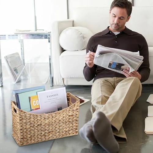 BTSKY Woven Magazine Holder, Water Hyacinth Magazine Basket, Natural Storage Basket Bin for Books & Files, Bathroom Magazine Rack with Built-in-Handle for Home, Office & Desk - 17x6.5x9.8 Inch - Image 2