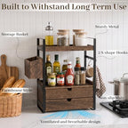 2-Tier Bathroom Counter Organizer with 2 Drawers, Basket and Hooks, Wood Bathroom Organizers and Storage for Countertop, Farmhouse Bathroom Countertop Organizer for Vanity, Kitchen, Coffee Bar, Office - Image 3