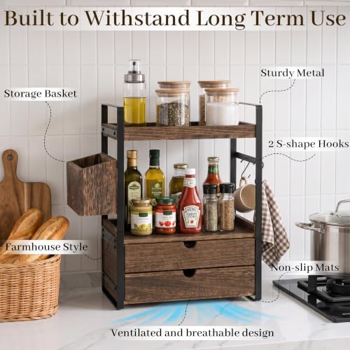 2-Tier Bathroom Counter Organizer with 2 Drawers, Basket and Hooks, Wood Bathroom Organizers and Storage for Countertop, Farmhouse Bathroom Countertop Organizer for Vanity, Kitchen, Coffee Bar, Office - Image 3
