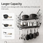 KES 30-Inch Pot Rack Wall Mounted, 8 Secure Lid Holders & 12 Sturdy Hooks - Image 2