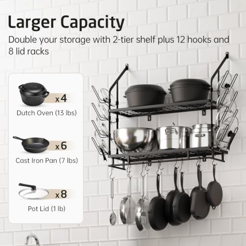 KES 30-Inch Pot Rack Wall Mounted, 8 Secure Lid Holders & 12 Sturdy Hooks - Image 2