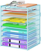 Cawukege 9 Tier Paper Organizer with Handle, Large Capacity Desk Organizer Mesh File Folder Letter Paper Tray Desktop Document Sorter for Classroom, School, and Office Accessories Organization- Blue by Cawukege