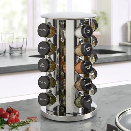 Kamenstein 20 Jar Revolving Countertop Spice Rack with Spices Included, FREE Spice Refills for 5 Years, Polished Stainless Steel with Black Caps, 30020 (Pack of 2) - Image 5