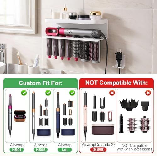 Wall Mount Holder for Dyson Airwrap Styler, White Storage Rack Organizer for Hair Curling Iron and Attachments, No-Drill Installation, NOT compatible with 2x (HS09) - Image 2
