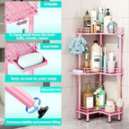 HapiRm Corner Shower Caddy Standing - 3 Tier Shower Organizer Corner with Soap Holder, Rustproof Bathroom Standing Organizer with 4 Hooks, Pink - Image 2