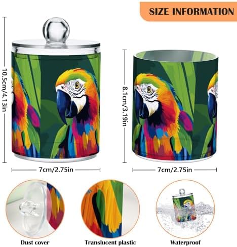 Fustylead 4 Pack Beautiful Parrot Animal Pop Art Style Plastic Apothecary Jars with Lid, Bathroom Vanity Storage Organizer Canister for Qtip, Cotton Ball, Swab, Round Pads, Floss - Image 2