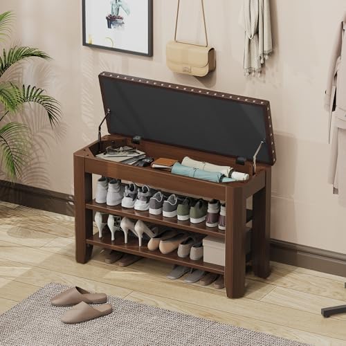 Shoe Bench for Entryway, Solid Rubberwood Shoe Bench with Hidden Storage, Adjustable 2-Tier Shelves & Soft PU Leather Seat, Shoe Rack Durable Easy Assembly for Hallway or Bedroom - Brown, 31.5" - Image 2