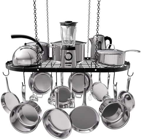 Vdomus Heavy-Duty Hanging Pot Rack - 33x17 Inches - Stylish Black Alloy Steel Ceiling Storage with 15 Hooks - Organize Kitchen Cookware and Utensils - Space-Saving Mounted Overhead Holder by Vdomus