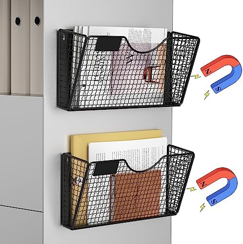 MFTEK Magnetic File Holder, 2 Pockets Magnetic File Folder Holder No Drilling Magnet Paper Mail Organizer Magazine Basket, Hanging Wall Storage Rack for Fridge Cabinets Office Classroom by MFTEK