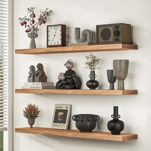 Fun Memories Floating Shelves for Wall, 24"x9.3" Rustic Solid Elm Wood Shelves, Heavy-Duty Wall Mounted Shelves with Invisible Brackets, Set of 2 for Living Room, Bedroom, Kitchen, Natural Finish - Image 2