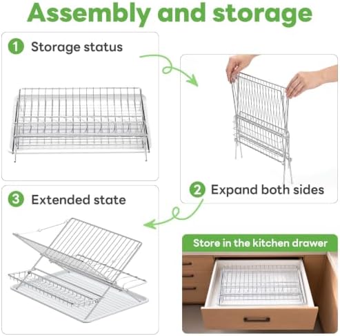 Stainless Steel Foldable Dish Drying Rack, 3 Tier Large Capacity Collapsible Folding Dish Drainer with Drainboard for Kitchen Counter (Upgraded) - Image 4