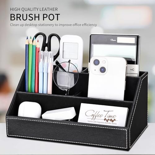 KINGFOM 5PCS Desk Organizer and Accessories Set, Pu Leather Office Supplies with Multifunction Desktop Organizer Storage Box, Tissue Holder, Mouse Pad, Note Paper Holder, Pencil Holder for Desk Black - Image 3